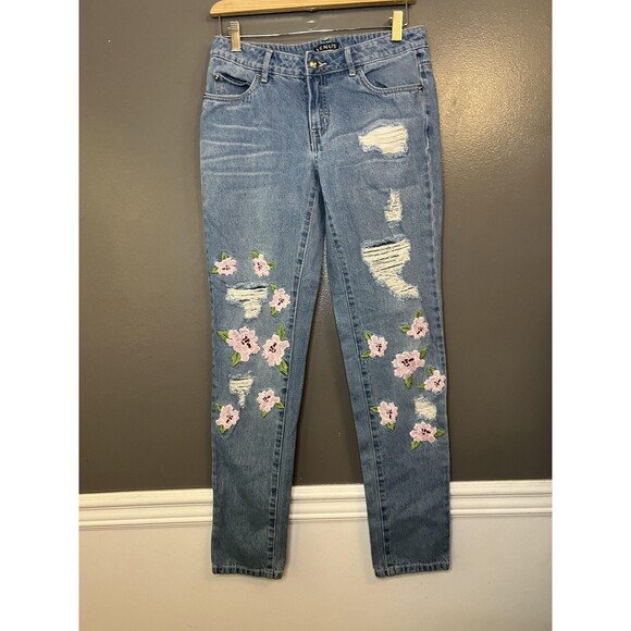 Venus Jeans Womens 2 Blue Distressed Floral Embroidered Ripped Denim Skinny - Picture 2 of 8